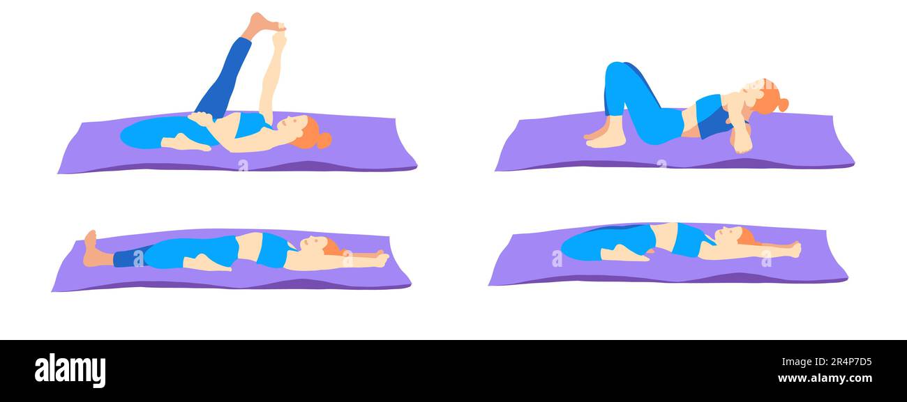 Collection de poses de yoga de flexibilité. Tapis. Cheveux rouges femme, femme, femme, fille. Méditation, pilates, santé mentale, entraînement, gym. Illustration vectorielle dans Illustration de Vecteur