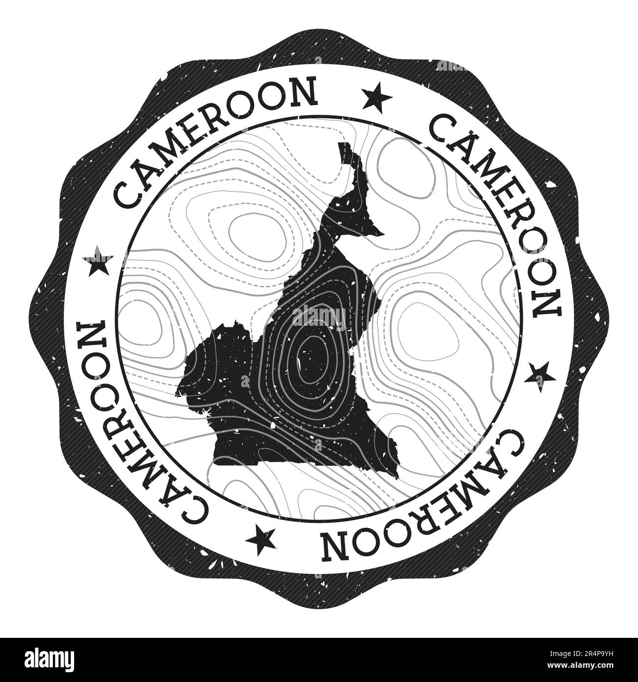 Timbre extérieur Cameroun. Autocollant rond avec carte du pays avec isolines topographiques. Illustration vectorielle. Illustration de Vecteur