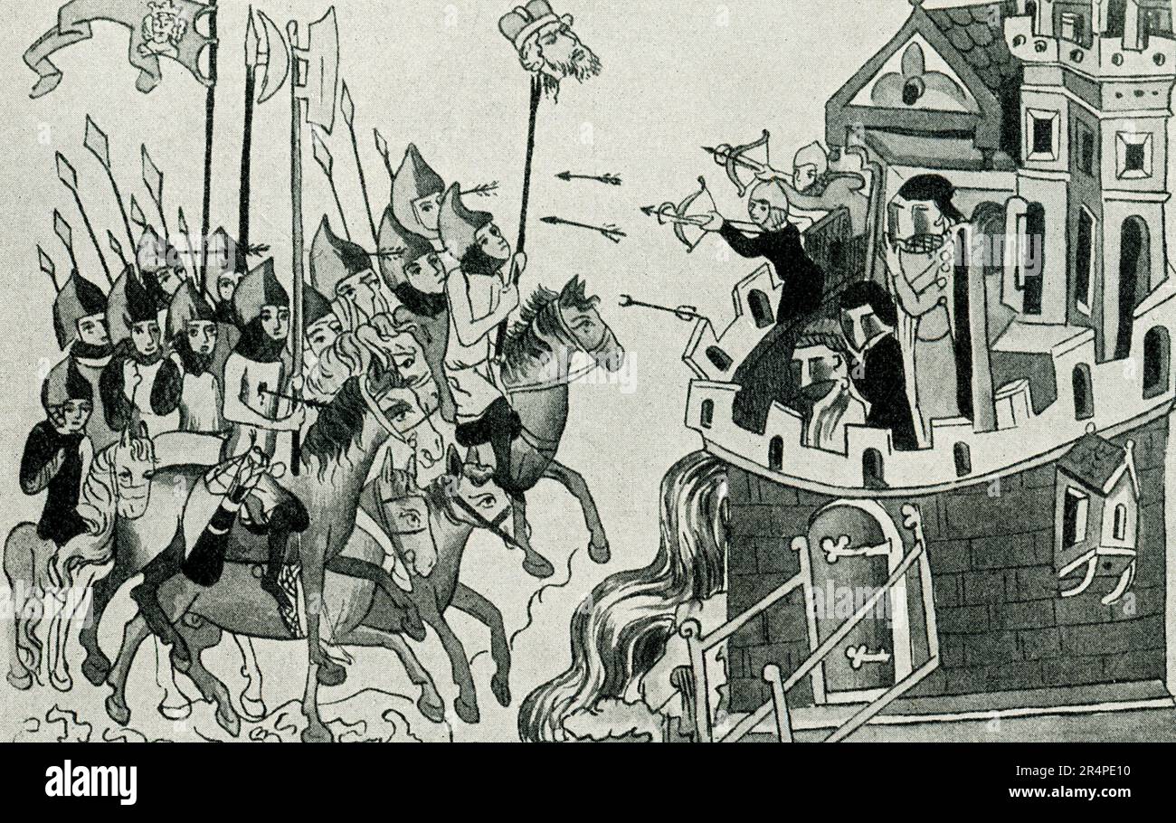 Cette image est une miniature qui vient des contes manuscrits de la reine Hedwig (également orthographié Jadwiga). Elle vivait à Cracovie et était mariée au roi Wladyslaw Jagiello. Beaucoup de miracles sont associés au règne de la bonne reine . Cette miniature montre le duc Heinrich de Silésie qui dirige la charge contre les Tatars devant les murs de Liegniz. La bataille de Liegnitz (9 avril 1241), également connue sous le nom de bataille de Legnica ou bataille de Wahlstatt, a été une collision avec le but d'arrêter l'avance implacable de la horde mongole. Malgré la victoire, c'était le point le plus avancé atteint en Europe par Banque D'Images