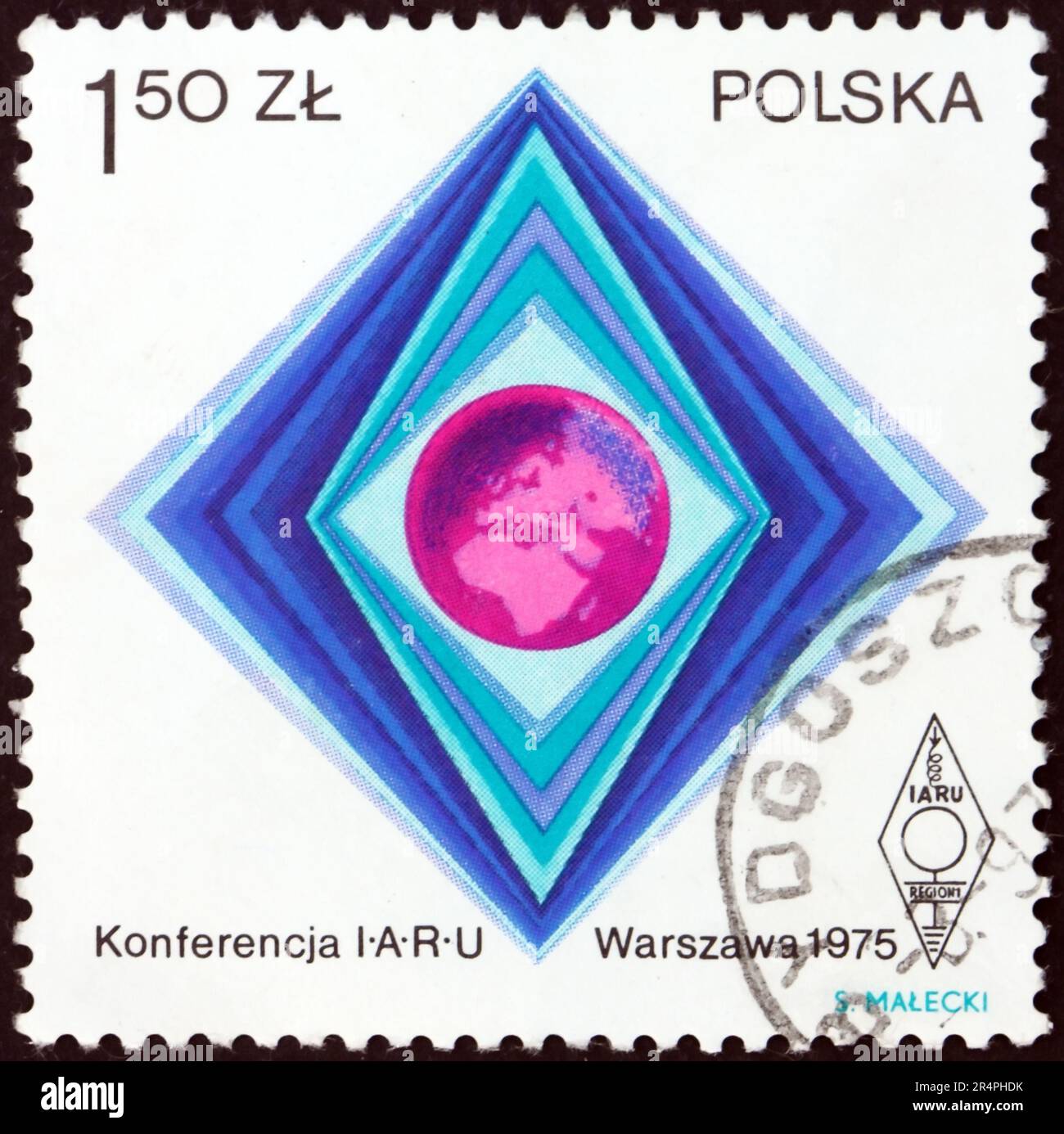 POLOGNE - VERS 1975: Un timbre imprimé en Pologne montre l'emblème de l'Union radioamateur et le Globe, International amateur radio Union Conference, Varsovie, vers Banque D'Images
