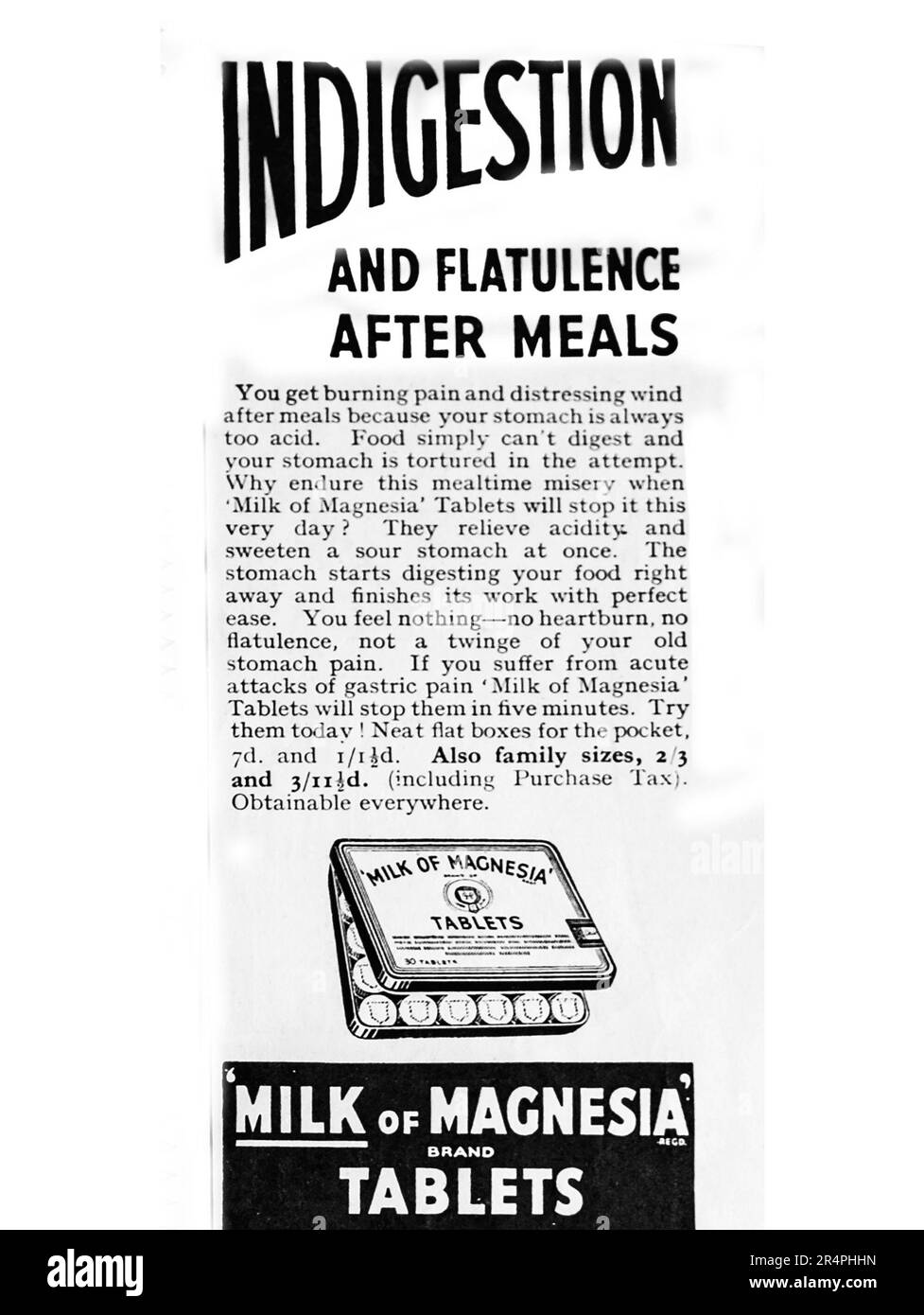 Une publicité de 1942 pour le lait de comprimés de magnésie qui ont été commercialisés pour le soulagement de l'indigestion et de flatulence après les repas. Décrit comme un bien-aimé médicament britannique, il est tombé à l'encontre des lois de l'UE et a été temporairement retiré en 2013 pendant que la formule a été modifiée. Il a été créé en 1872. Banque D'Images