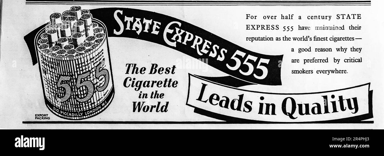 Une publicité de 1941 pour les cigarettes State Express 555. Produite à l'origine en 1890s, la marque a été acquise par le Groupe Imperial Tobacco en 1925. En 1920s, la marque a connu un grand succès dans la Chine communiste et était la cigarette préférée de Mao Tsé-tongs. Elle est mentionnée dans le roman de Salman Rushdie Midnight Children et a également été mentionnée comme la marque préférée du président indonésien Sukarno. Il est toujours en production active. Banque D'Images