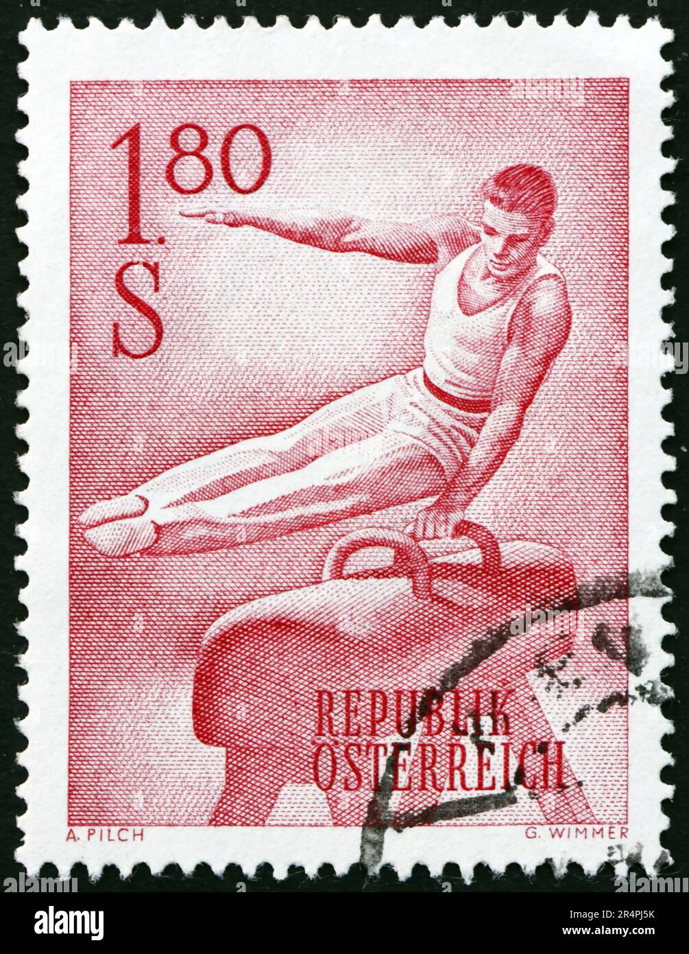 AUTRICHE - VERS 1962: Un timbre imprimé en Autriche montre la gymnaste sur le cheval de Vaaulting, vers 1962 Banque D'Images