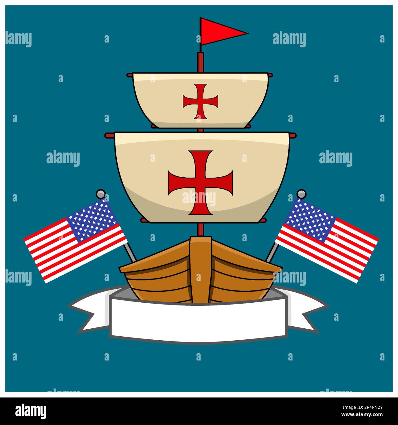 Happy Columbus Day America avec Ship Design, Flags and Label, Vector et Illustration. Illustration de Vecteur