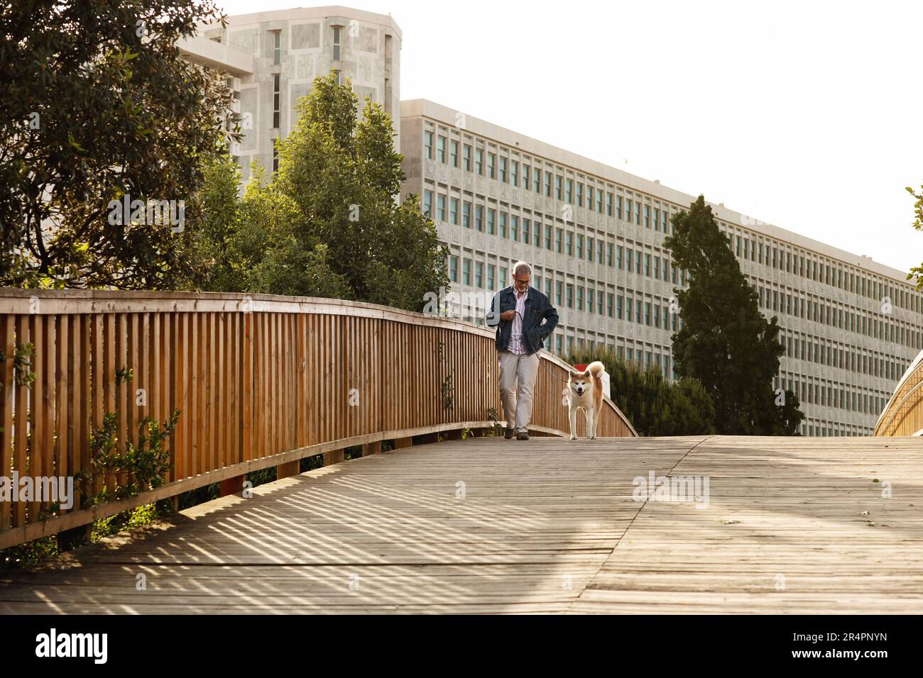 Joyeux homme européen senior dans une ambiance décontractée aime la marche, le jogging ou l'entraînement avec le chien, s'amuser, en plein air Banque D'Images
