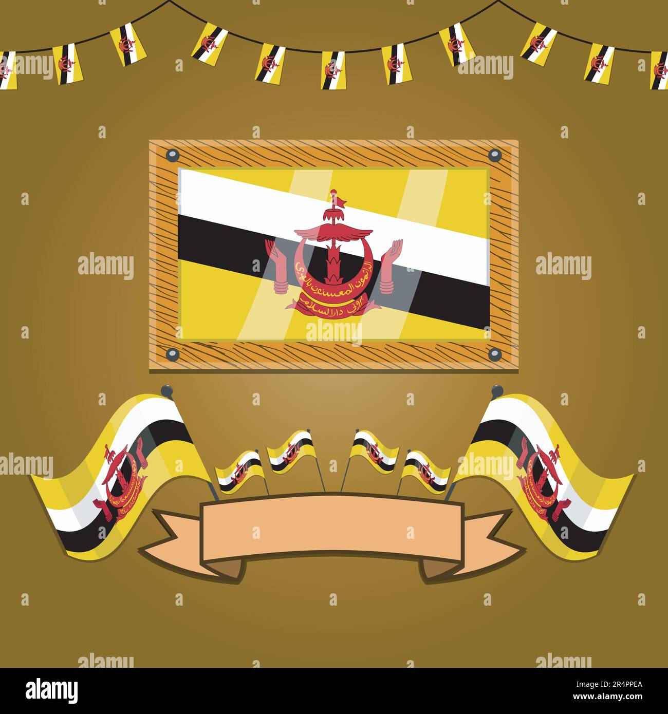 Brunéi Darussalam drapeaux sur le bois de cadre, étiquette, gradient simple et illustration vectorielle Illustration de Vecteur