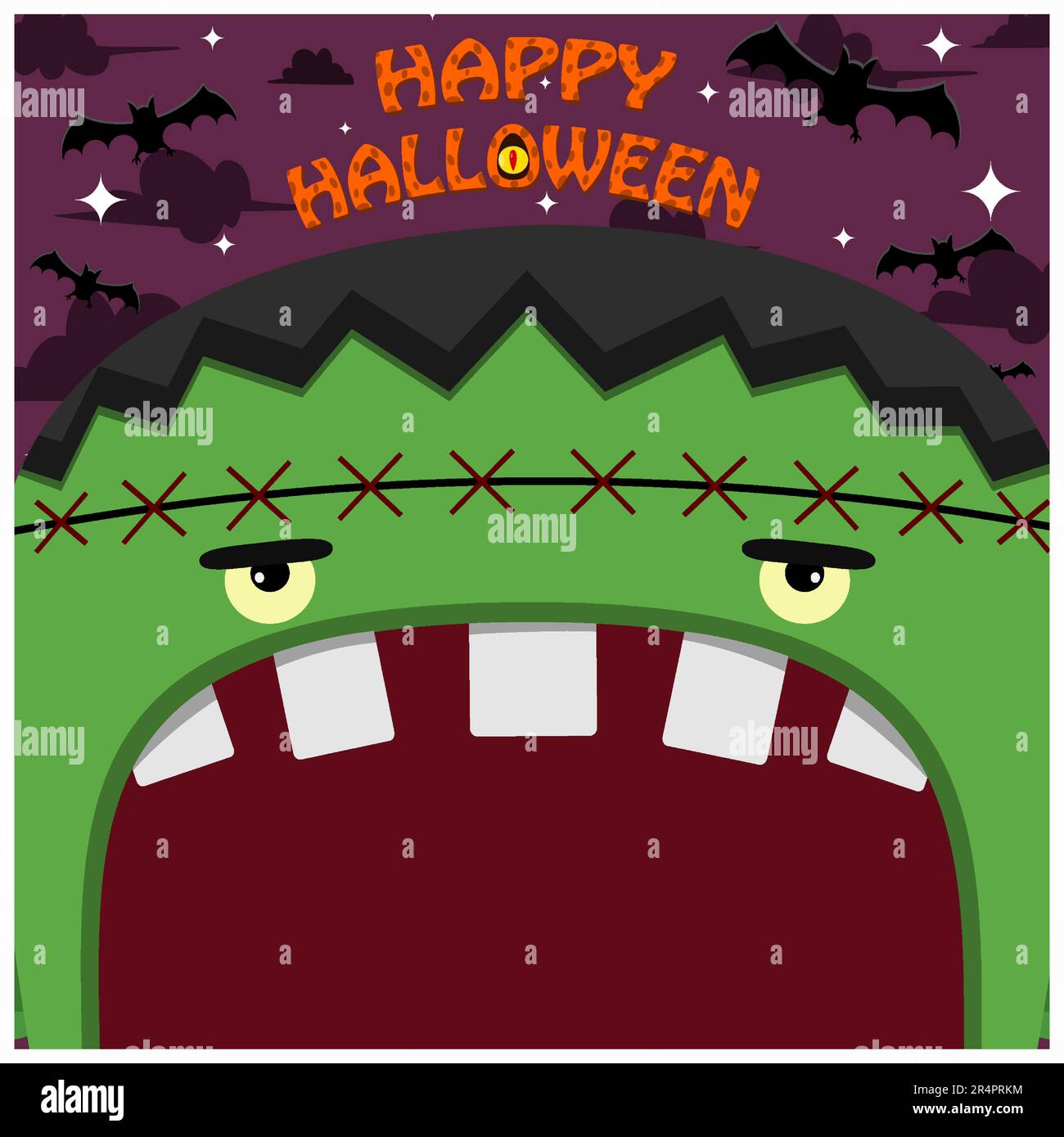 Motif caractère Halloween. Avec le personnage de Frankenstein. Grand visage et bouche ouverte. Dans Gravefield. Vecteur et illustration Illustration de Vecteur