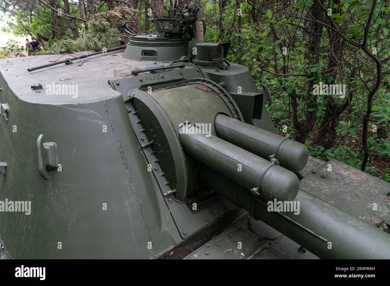 Ukraine. 29th mai 2023. Tourelle de canon automoteur de 57th brigade d'artillerie des forces armées ukrainiennes vue dans un endroit non divulgué du Donbass d'Ukraine où cette unité combat l'invasion russe. La brigade de 57th a été nommée d'après Kost Hordiyenko, le Cosaque Zaporozhian qui était un allié du célèbre héros ukrainien Ivan Mazepa. (Photo de Lev Radin/Pacific Press) Credit: Pacific Press Media production Corp./Alay Live News Banque D'Images