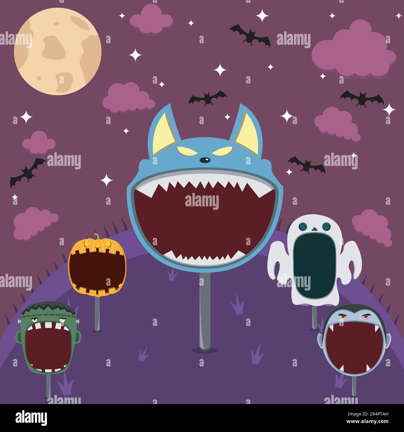 Tête Monster mise en place dans le champ et la nuit. Big Wolf Head, Pumpkin, Frankenstein, Dracula et Ghost. Vecteur et illustration. Illustration de Vecteur