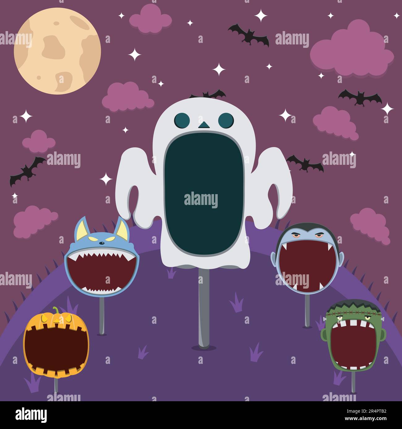 Tête Monster mise en place dans le champ et la nuit. Big Ghost Head, Pumpkin, Frankenstein, Dracula et Wolf .Vector et Illustration. Illustration de Vecteur