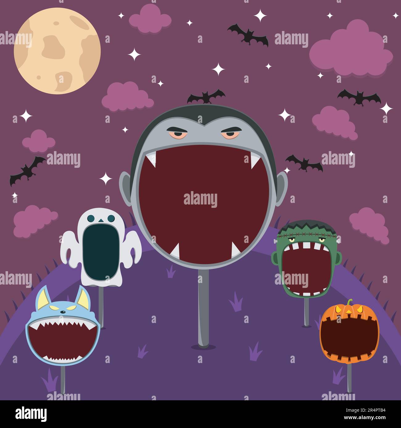 Tête Monster mise en place dans le champ et la nuit. Big Dracula Head, Pumpkin, Frankenstein, Ghost et Wolf .Vector et Illustration. Illustration de Vecteur