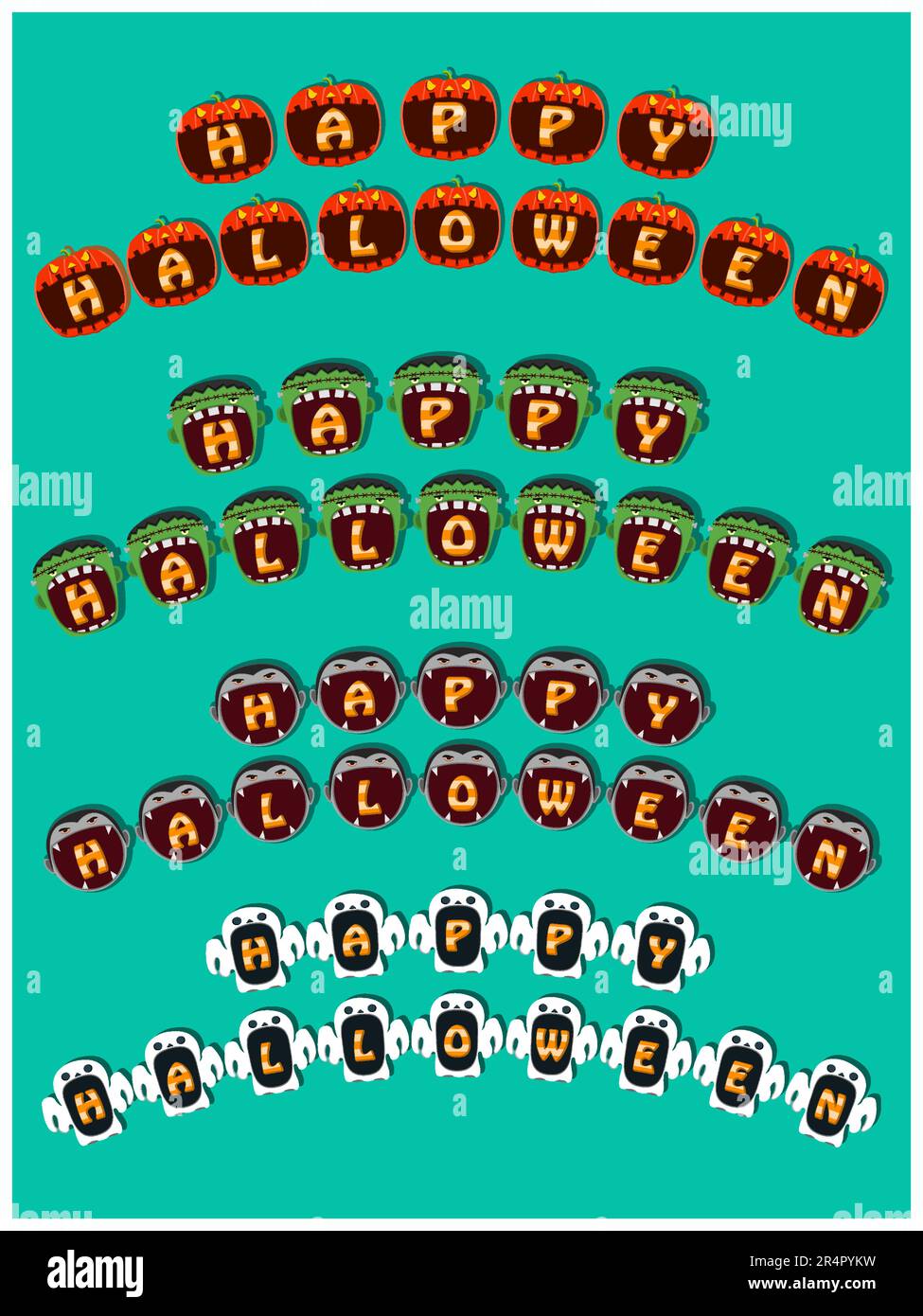 Banderole texte « Happy Halloween » sur les grands monstres. Motif citrouille, Frankenstein, Dracula et tête fantôme. Vecteur et illustration. Illustration de Vecteur