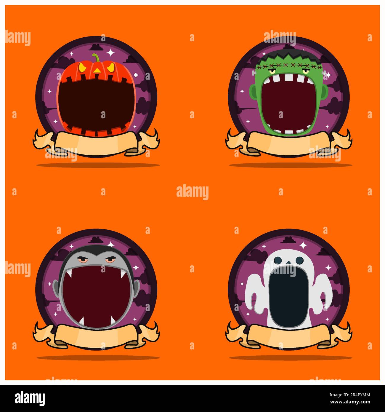Ensemble d'emblème Head Monster. Avec Pumpkin, Frankenstein, Dracula et Ghost Head Character Design. Vecteur et illustration. Illustration de Vecteur