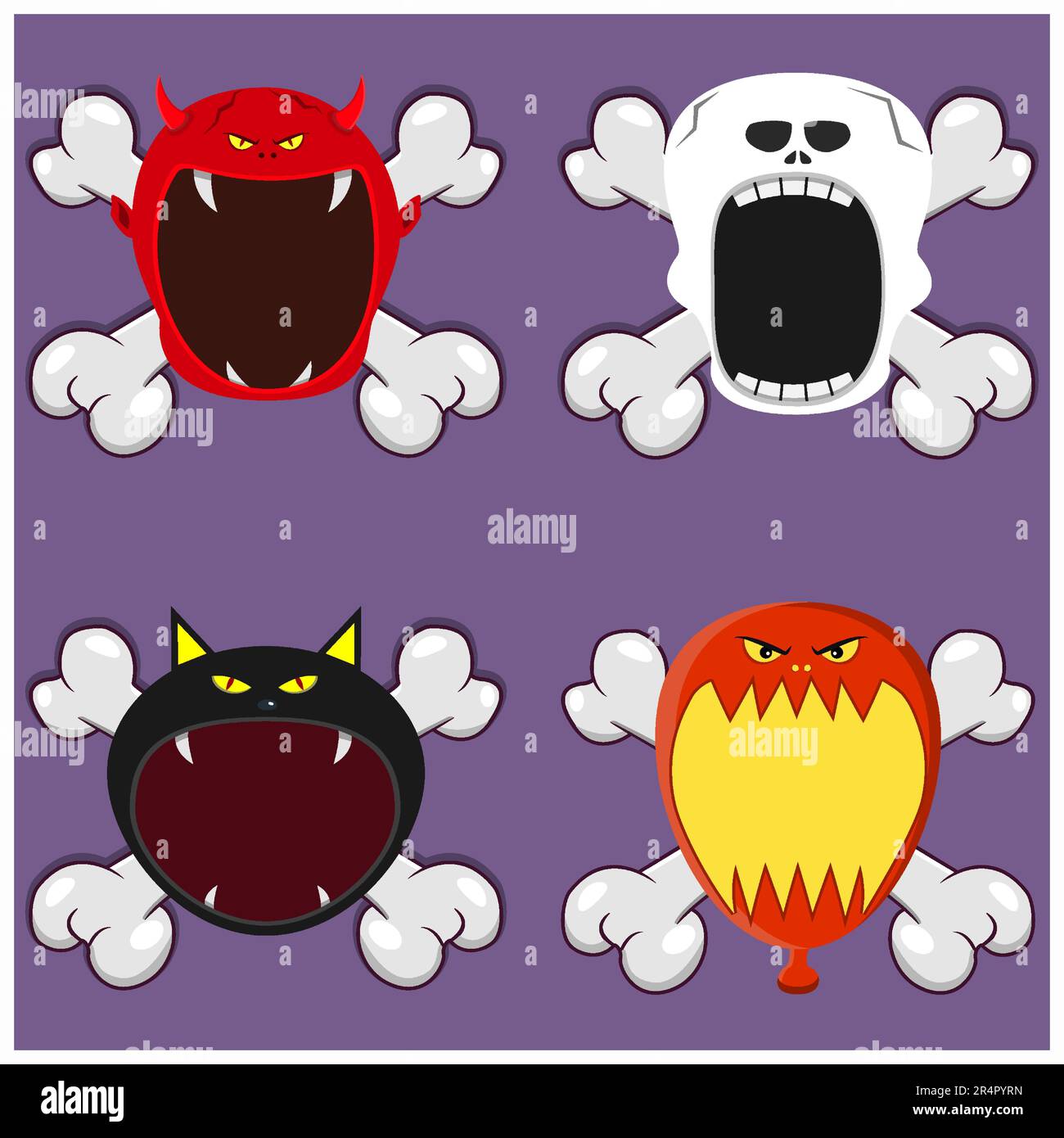 Head Monster Design avec Devil, Skeleton, Black Cat et Balloon. Sur crâne et bouche ouverte. Vecteur et illustration Illustration de Vecteur