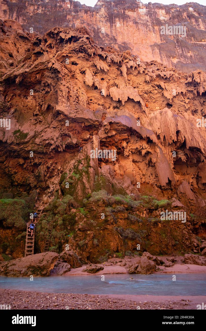 Les randonneurs grimpent sur les échelles dangereuses depuis les chutes Mooney, sur le ruisseau Havasu, sous le terrain de camping, un matin ensoleillé. Supai, Arizona, États-Unis. Banque D'Images