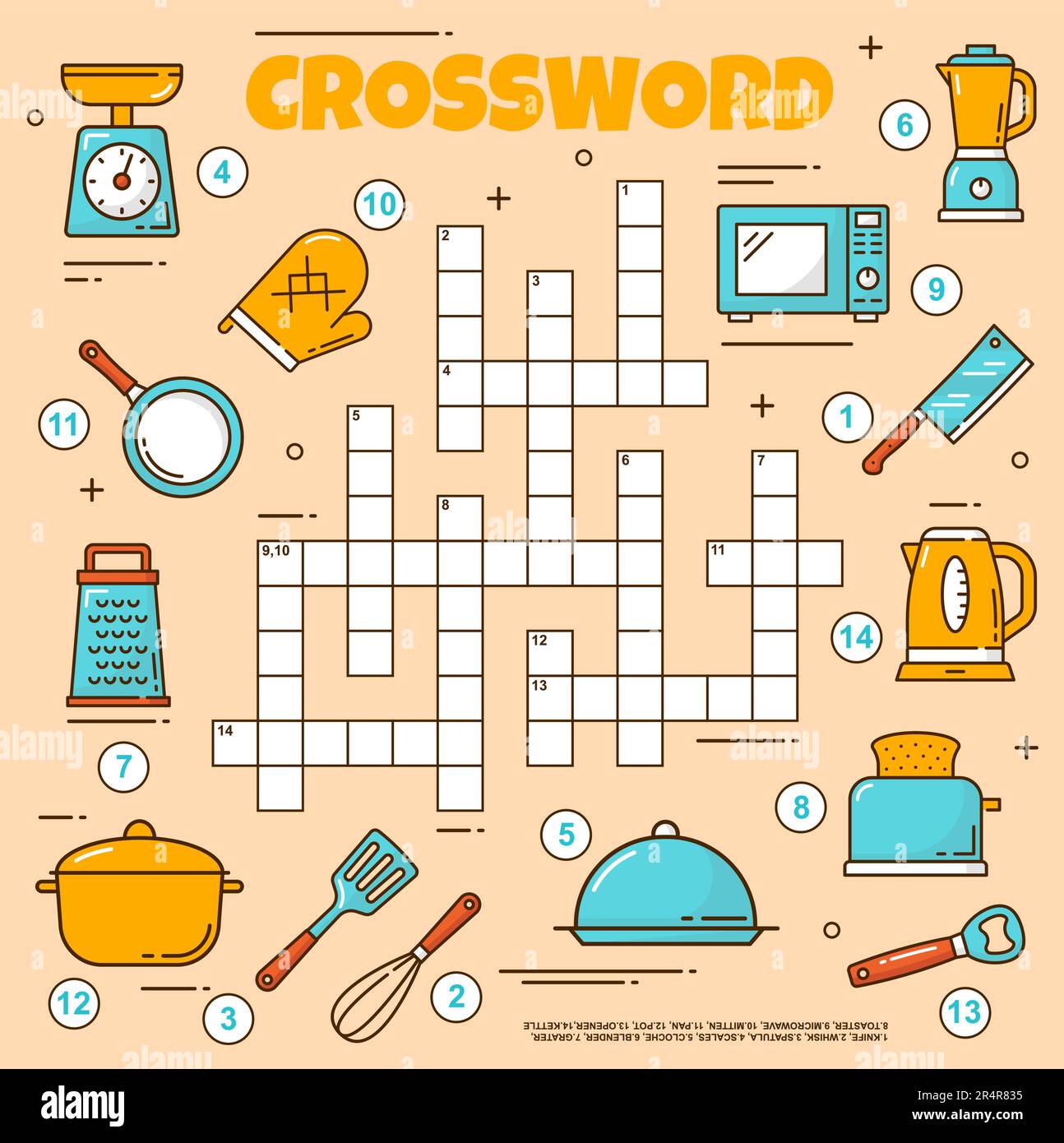 Tableau de la grille des mots croisés pour ustensiles de cuisine et  ustensiles. Trouvez un jeu de quiz. Couteau vectoriel, fouet, spatule,  pèse-personne et cloche. Mélangeur, râpe ou grille-pain, micro-ondes,  mitaine, poêle,