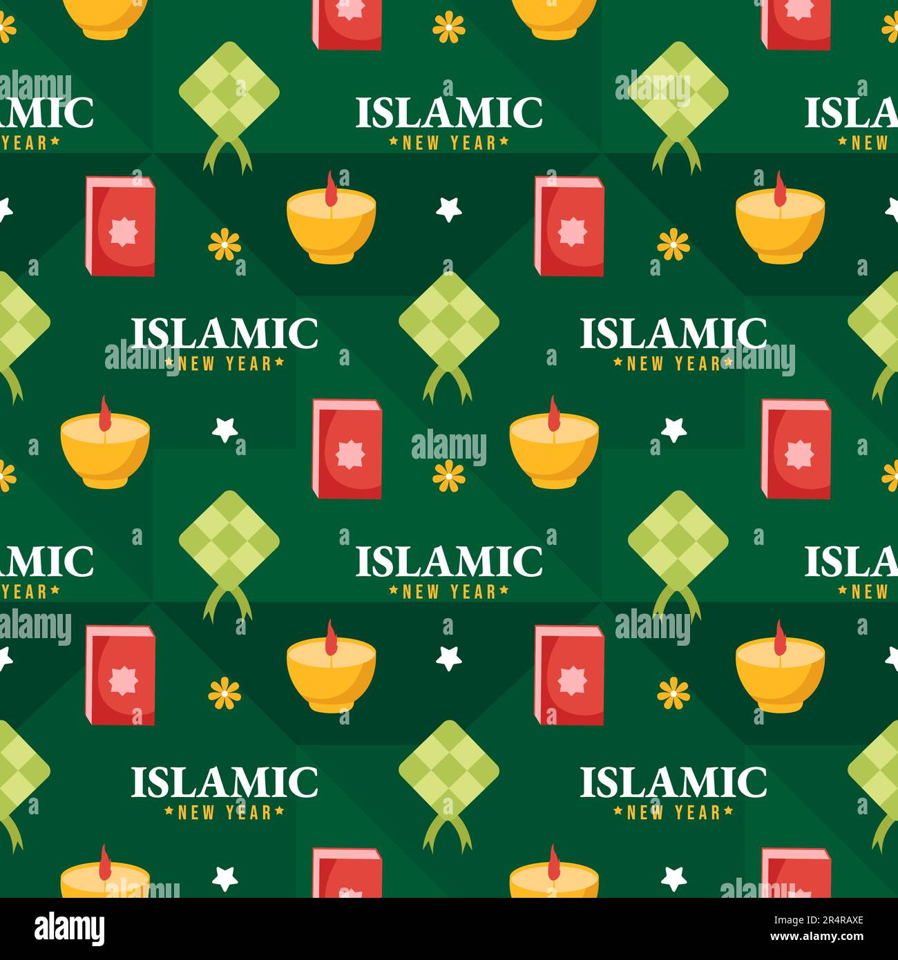 Bonne année islamique Nouveau modèle sans couture dessin Illustration plate avec des éléments musulmans dans le modèle dessiné à la main Illustration de Vecteur