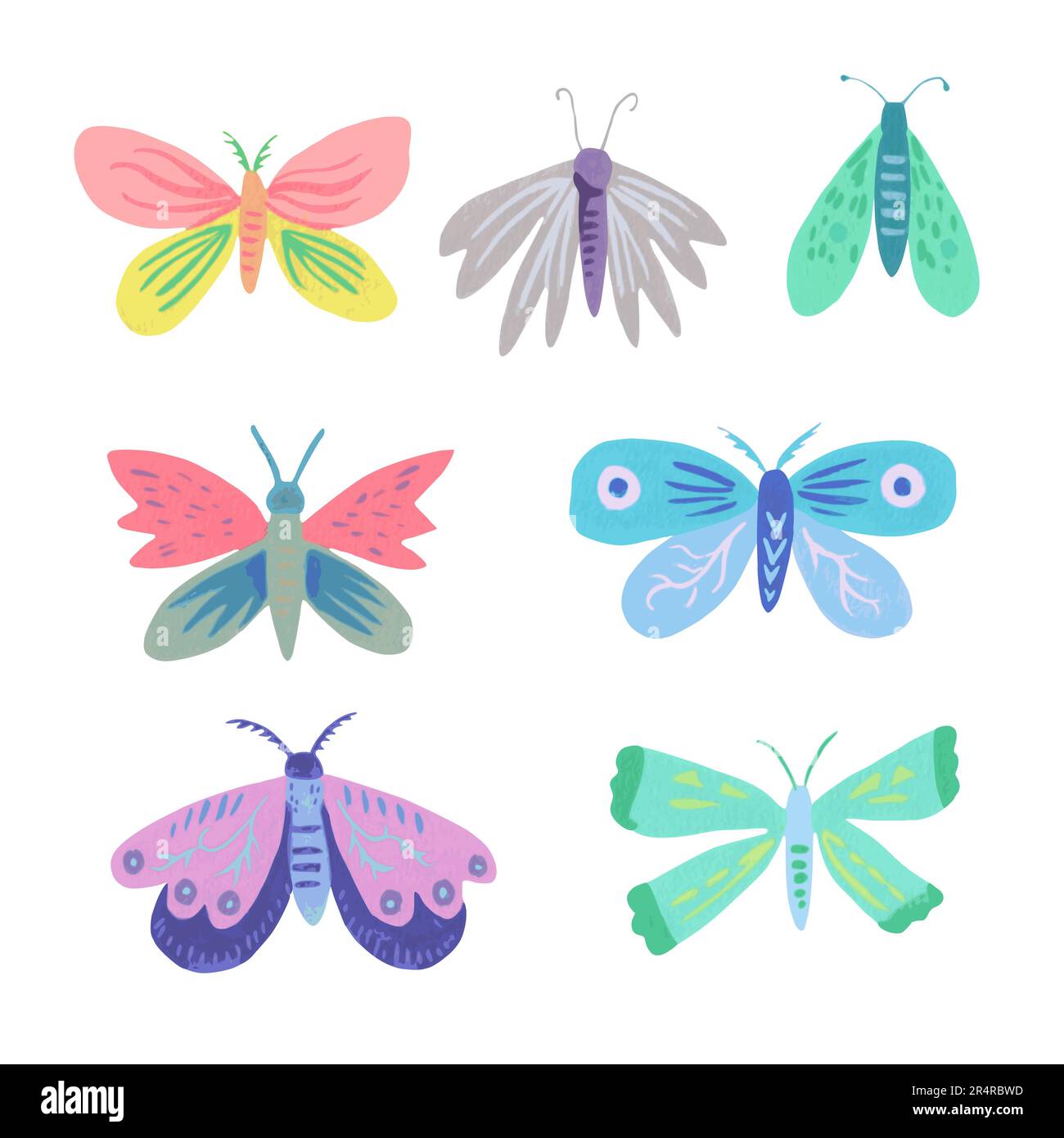 Joli doodle simple papillons et papillons de nuit isolés sur fond blanc. Clip art dessiné à la main pour le design et la décoration. Illustration de Vecteur