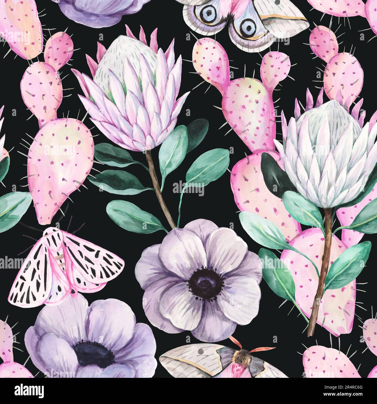 Motif aquarelle sans couture avec opuntia cactus rose pastel, fleurs protea, papillons et papillons mignons. Aquarelle dessin à la main illustration détaillée. Banque D'Images