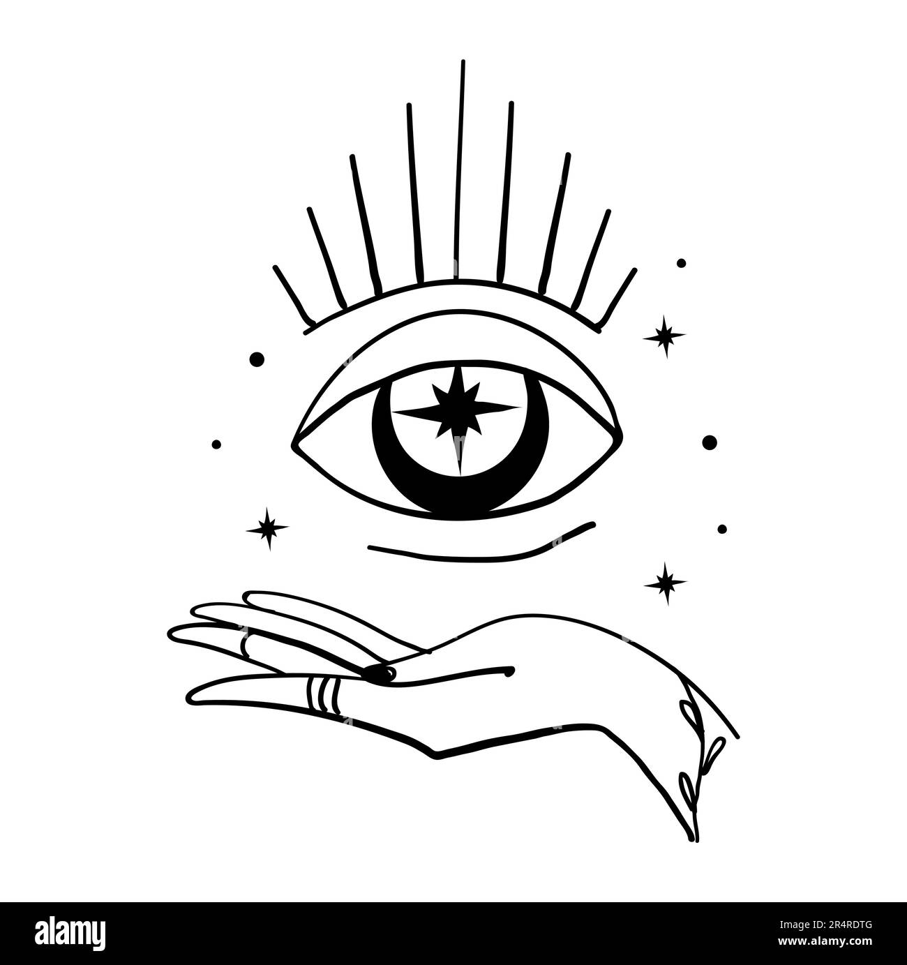 Main femelle tenant un oeil mystique, tatouage magique de sorcière, concept de mystère, tueur de fortune, sticker de boho, icône vintage, œil masonique tout-vu. Ligne ar Illustration de Vecteur