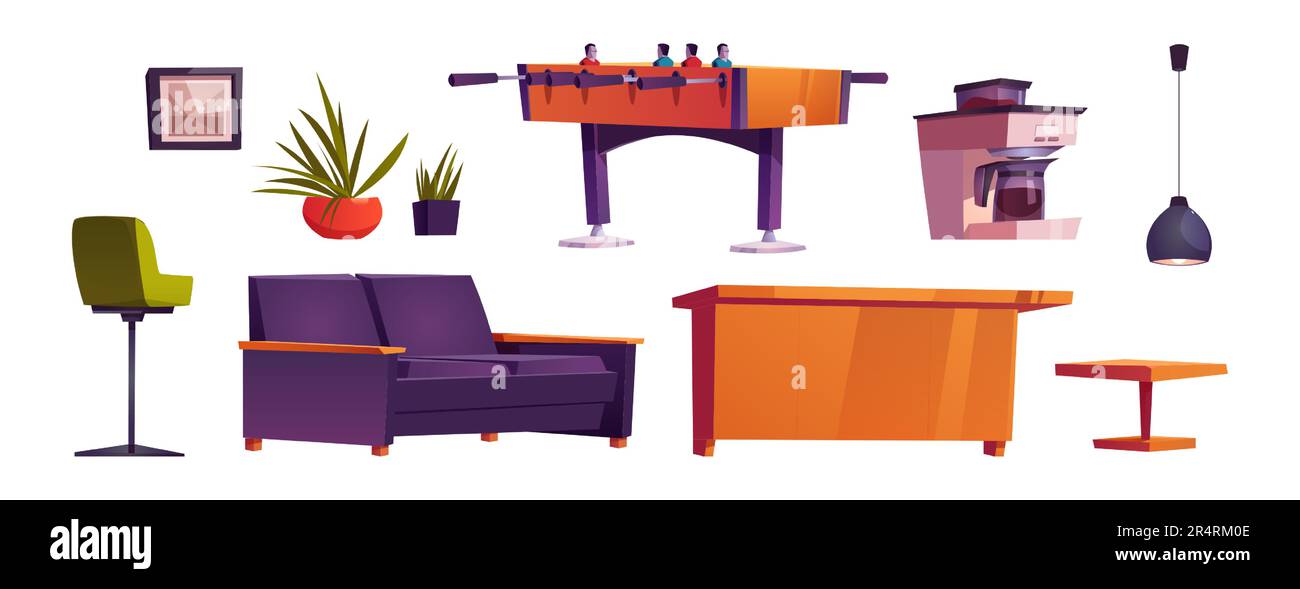 Ensemble de dessins animés de meubles d'appartement de Bachelor isolé sur fond blanc. Illustration vectorielle d'une table de football, d'une machine à café, d'un canapé, d'une chaise, d'une lampe et d'un cadre photo. Constructeur de zone de détente de bureau Illustration de Vecteur