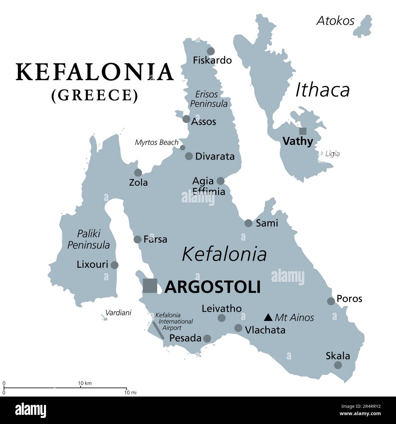 Kefalonia, île grecque, carte politique grise. Également connu sous le nom de Céphalonie, Kefallinia ou Kephallenia. La plus grande île Ionienne, située dans l'ouest de la Grèce. Banque D'Images
