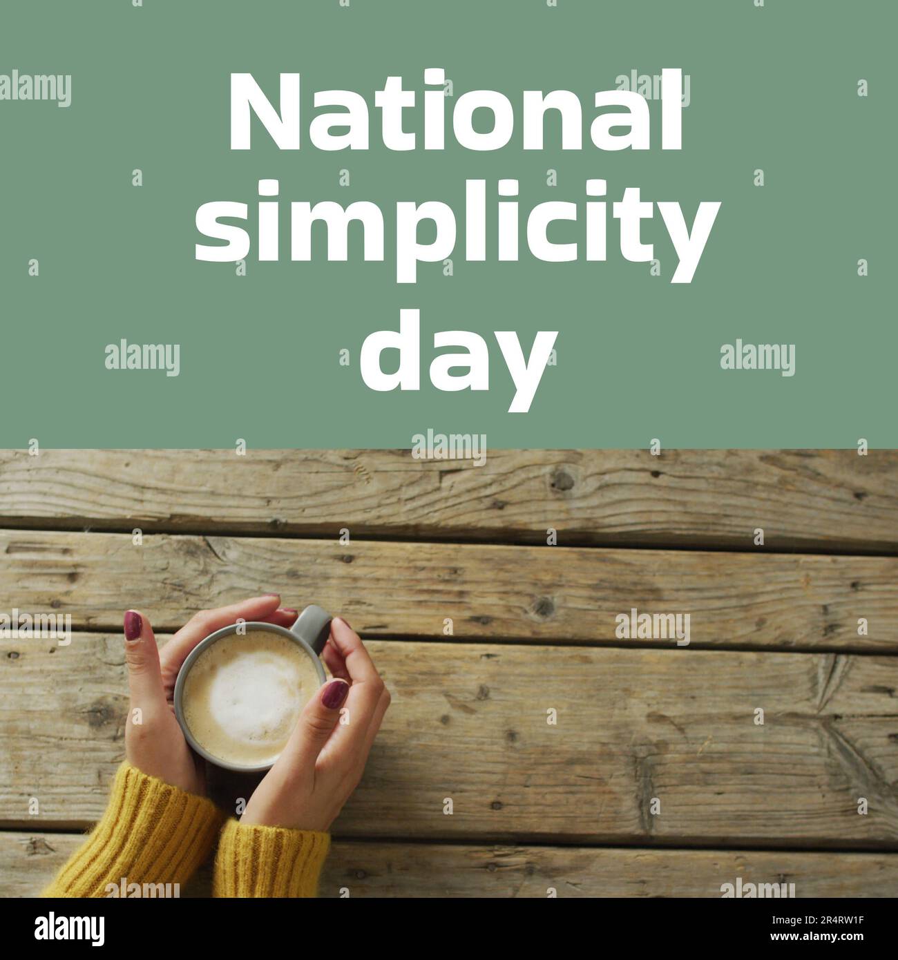 Composition du texte national de jour de simplicité sur les mains de la femme caucasienne tenant une tasse de thé Banque D'Images