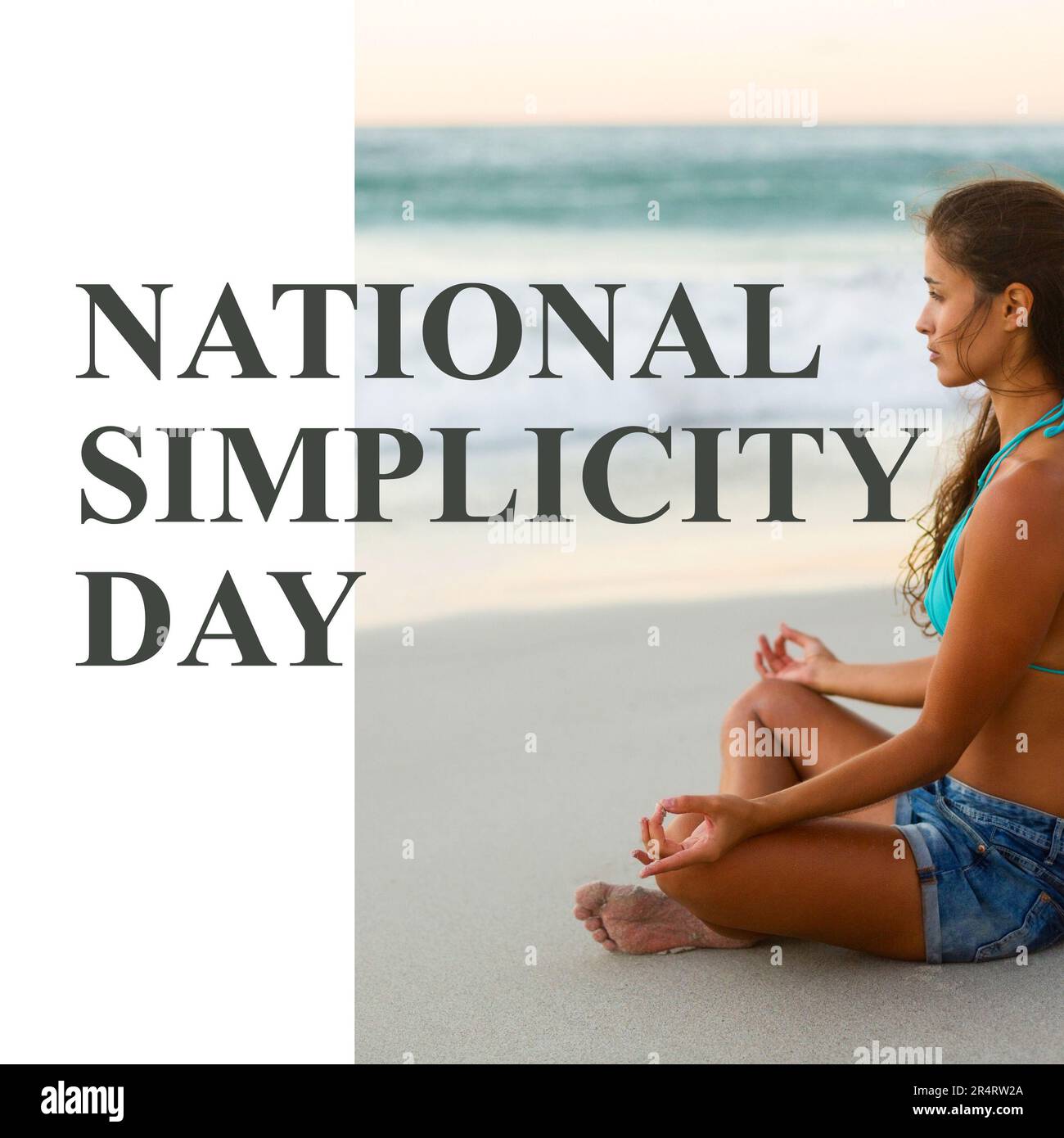 Composition du texte national de jour de simplicité sur la femme caucasienne pratiquant le yoga sur la plage Banque D'Images