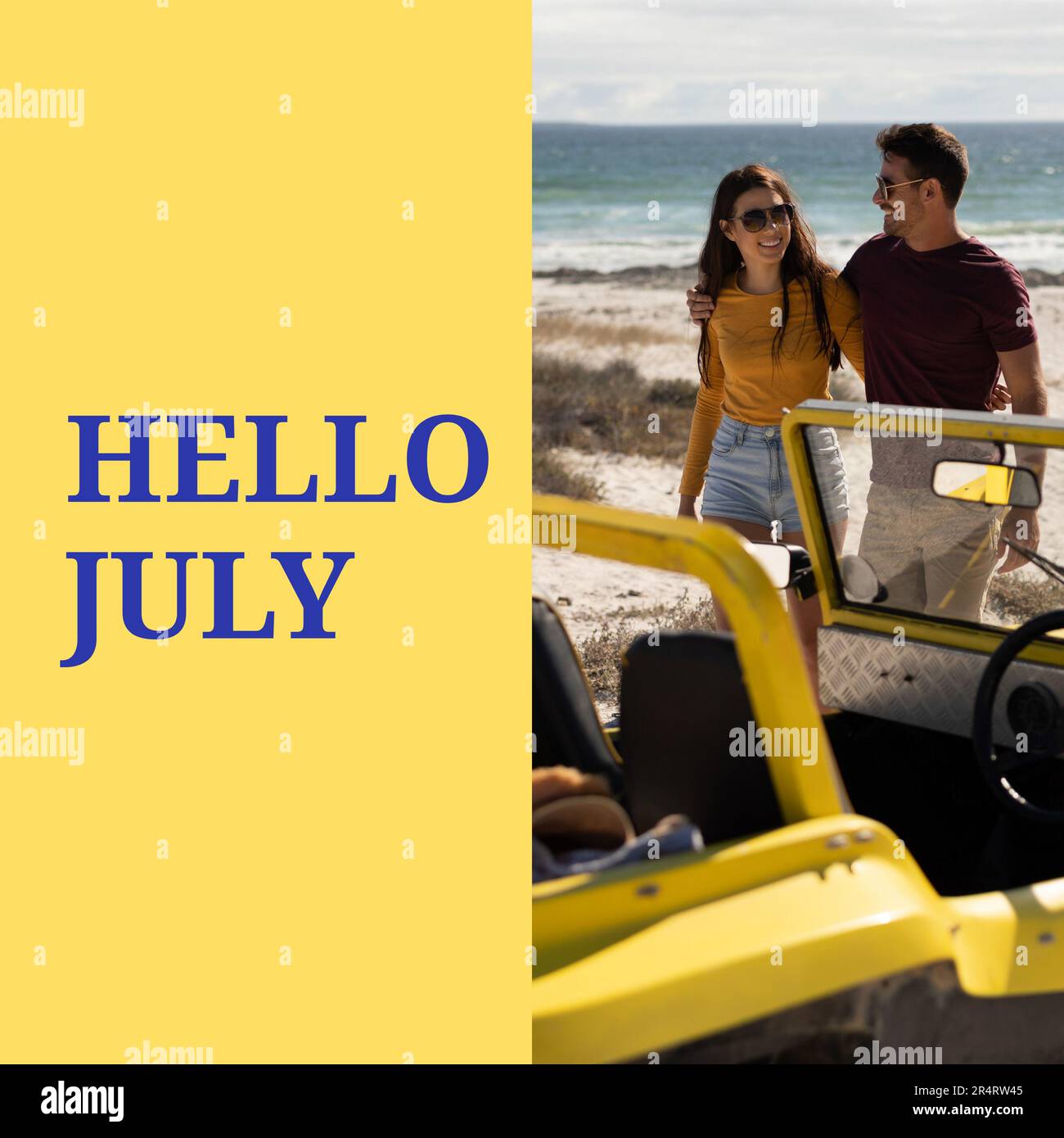 Composition du texte bonjour juillet sur le couple caucasien en voiture sur la plage Banque D'Images