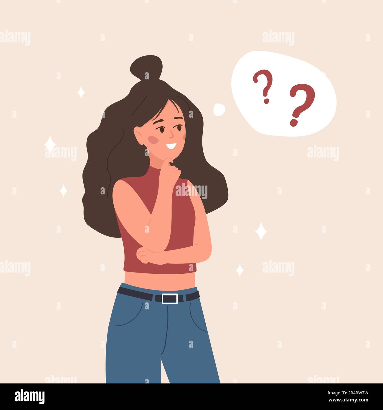 Jeune femme en doute. Fille intelligente ayant des questions. Résolution de problèmes. Illustration vectorielle de style dessin animé plat Illustration de Vecteur