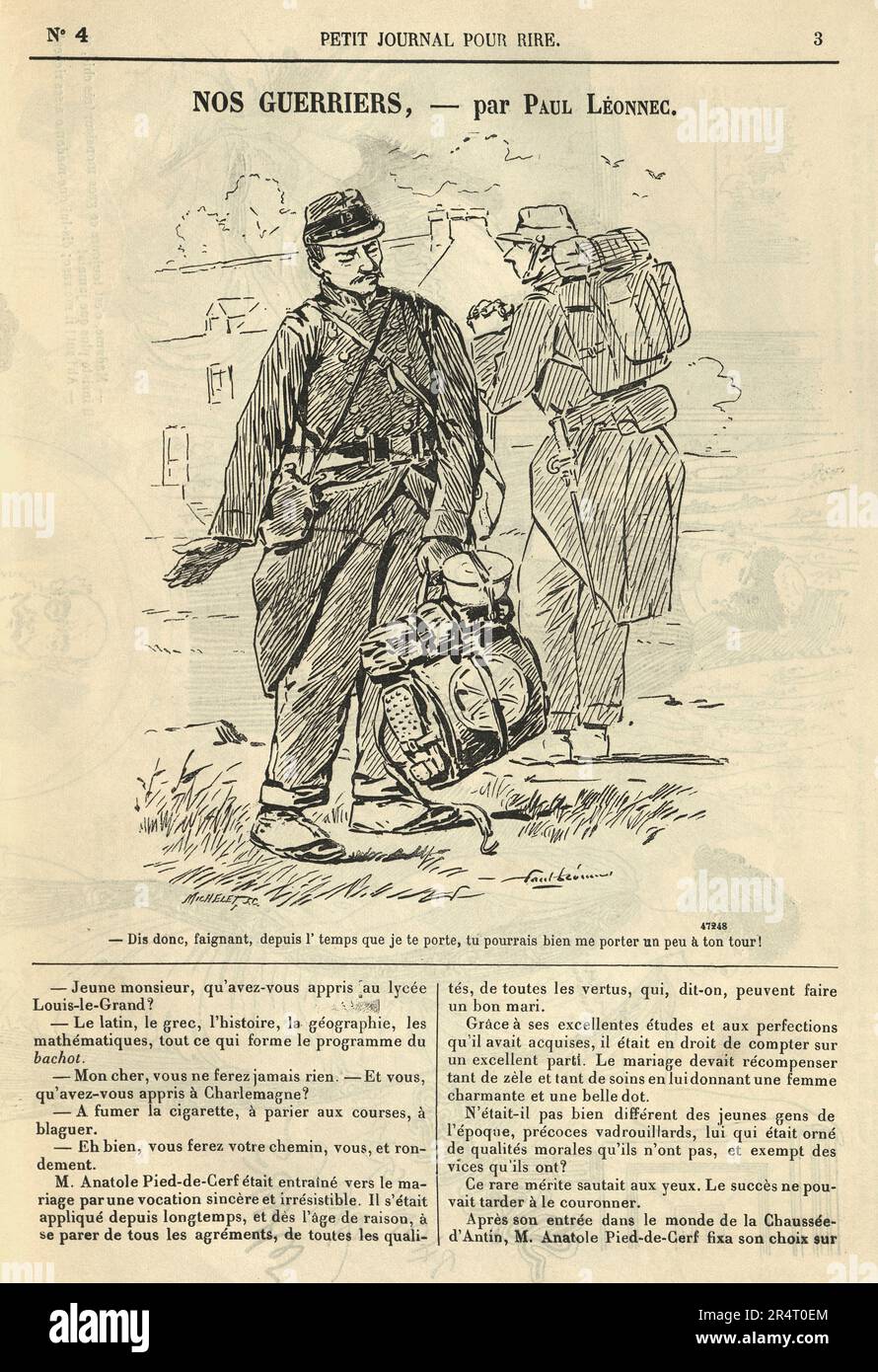 Page du papier comique français vintage, dessin animé, Soldier portant un sac à dos lourd 1890s, 19th siècle Banque D'Images