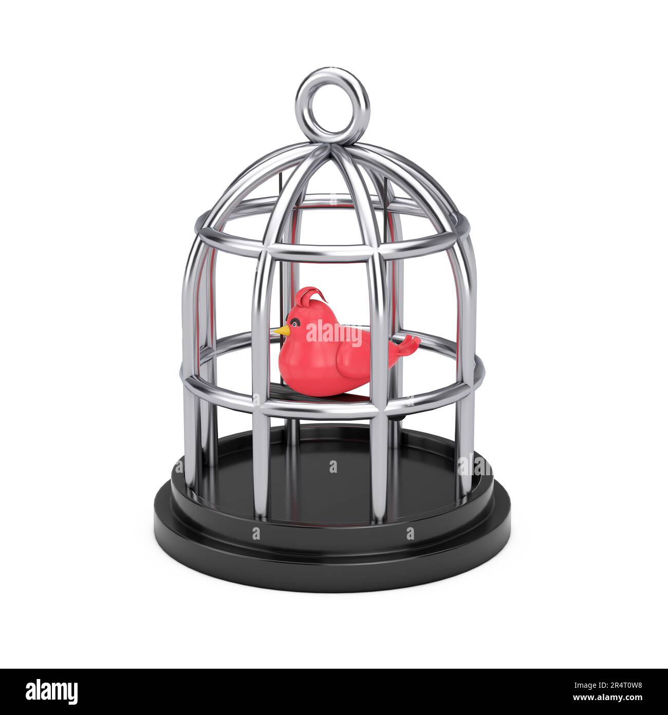 Résumé Cartoon cage de chrome avec icône de Web d'oiseau rouge signe sur un fond blanc. 3D rendu Banque D'Images