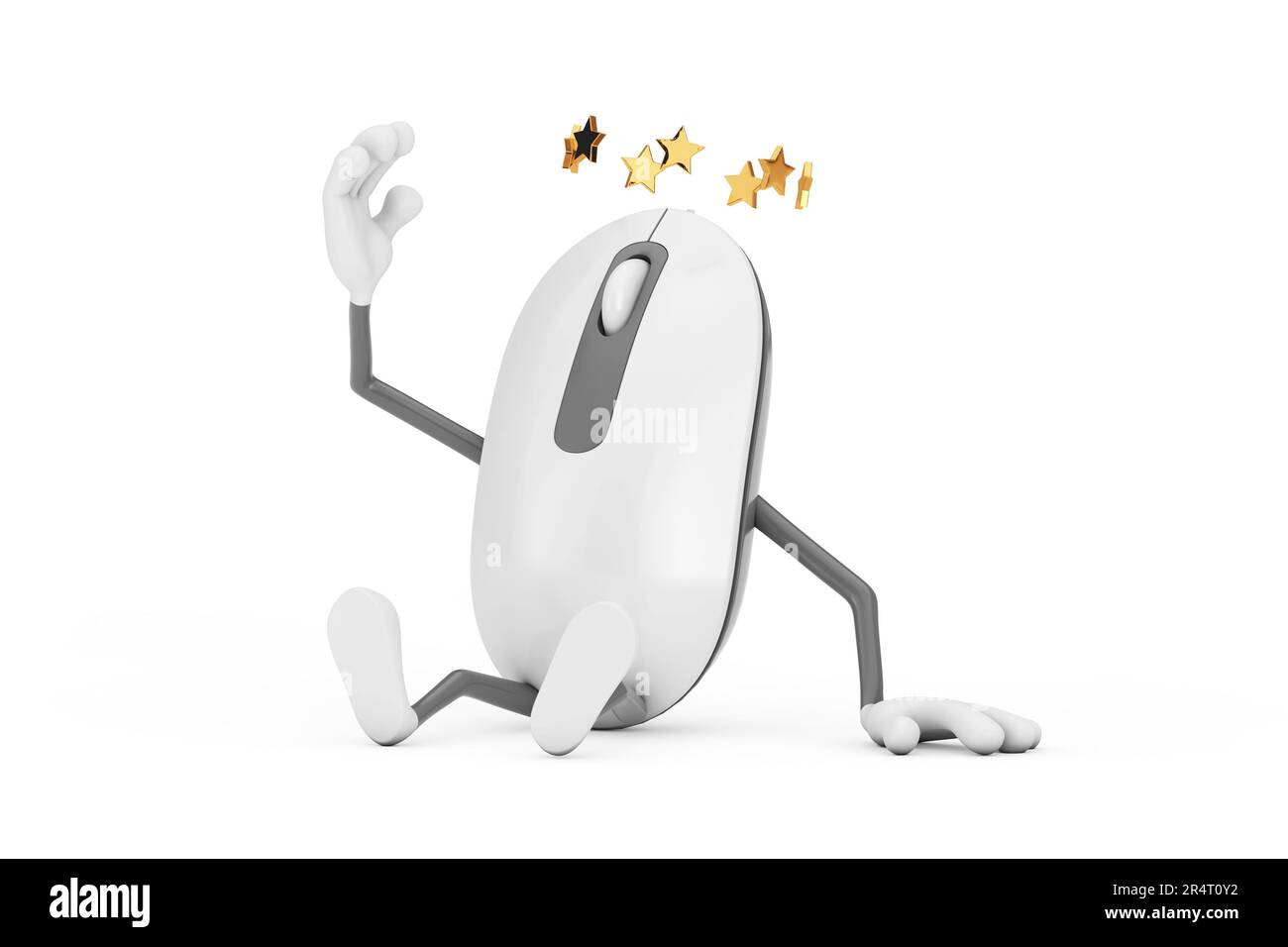 Assis ordinateur souris dessin animé personnage mascotte avec étoiles autour de la tête sur un fond blanc. 3D rendu Banque D'Images