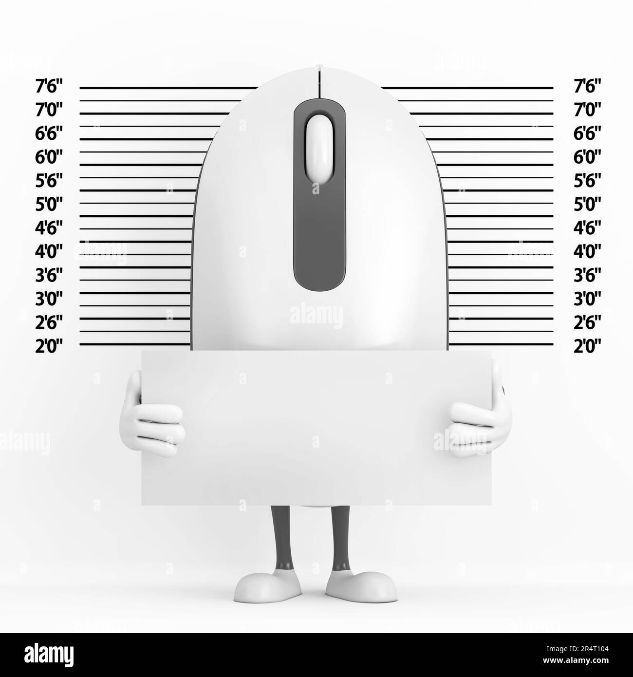 Mascotte de personnage de cartoon de souris d'ordinateur avec plaque d'identification devant la police ou le fond de Mugshot gros plan extrême. 3D rendu Banque D'Images