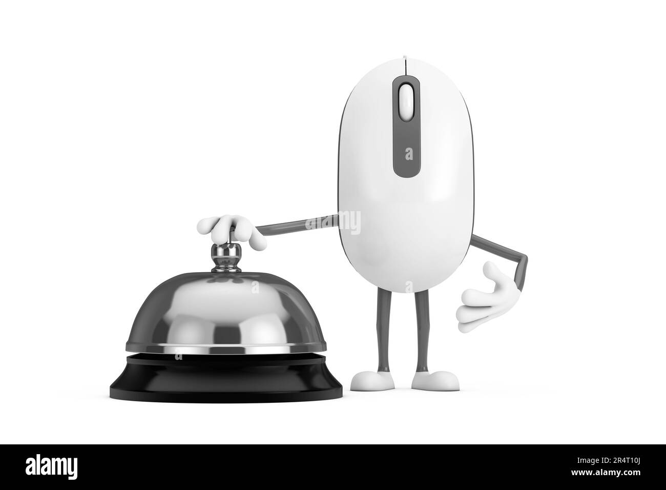 Ordinateur souris dessin animé personnage mascotte avec service Hôtel Bell appelez sur un fond blanc. 3D rendu Banque D'Images