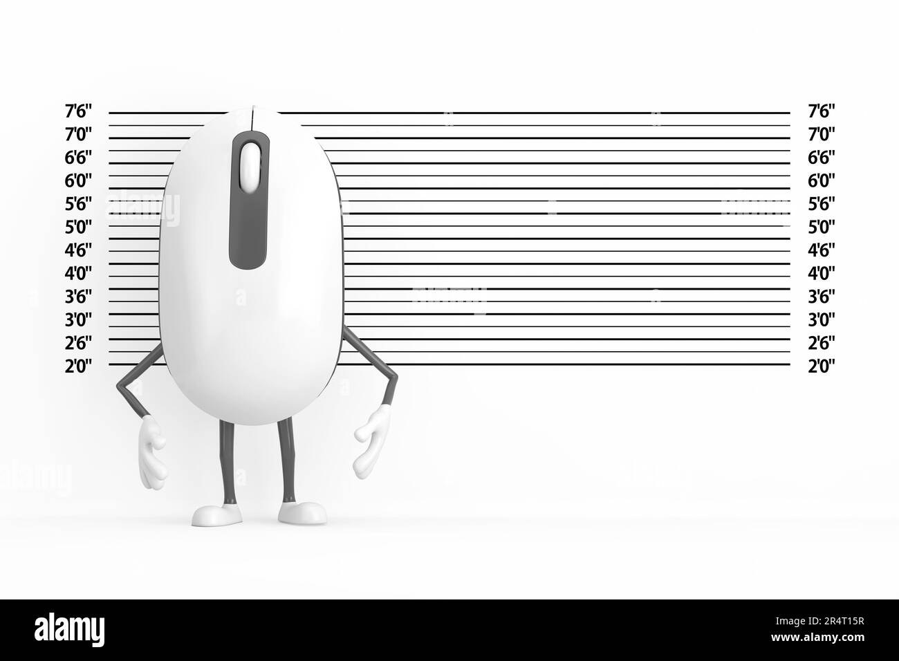 Ordinateur souris personnage de cartoon Mascot devant la police ligne ou Mugshot arrière-plan très gros plan. 3D rendu Banque D'Images