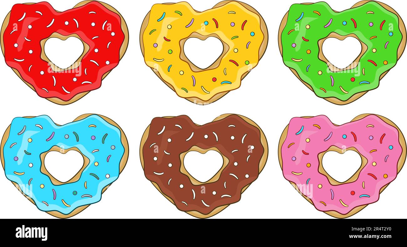 Ensemble de beignets colorés en forme de cœur. Illustration vectorielle Illustration de Vecteur