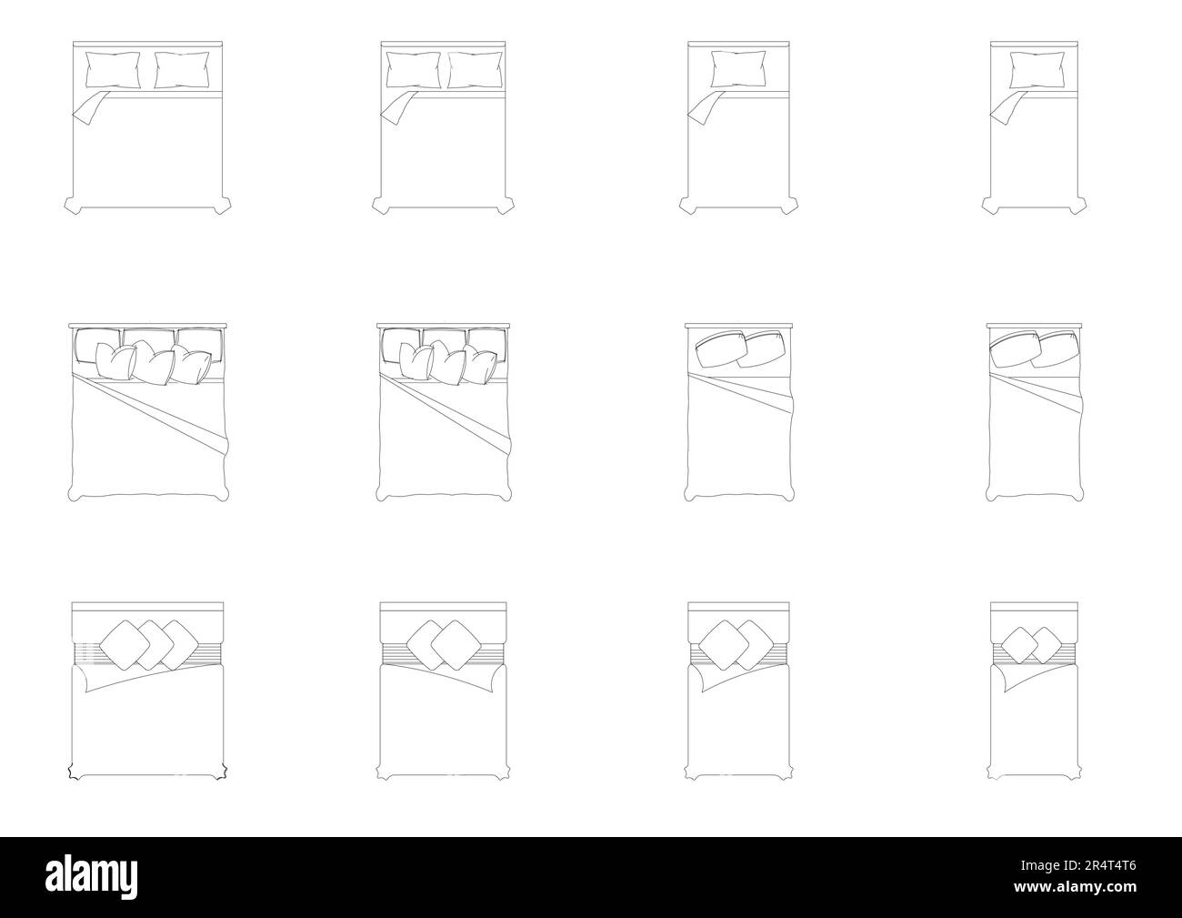vue du plan intérieur de l'icône de meuble, vecteur de l'ensemble supérieur. architecture maison ligne de lit maison contour appartement chambre collection agencement isolé Illustration de Vecteur