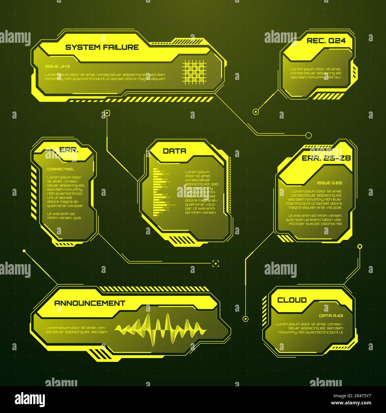 HUD futuriste jaune, éléments d'interface utilisateur. Zones de texte et légendes de l'interface utilisateur SCI-fi. Cadres de message d'avertissement, modèle de zones d'information. Jeu moderne Illustration de Vecteur