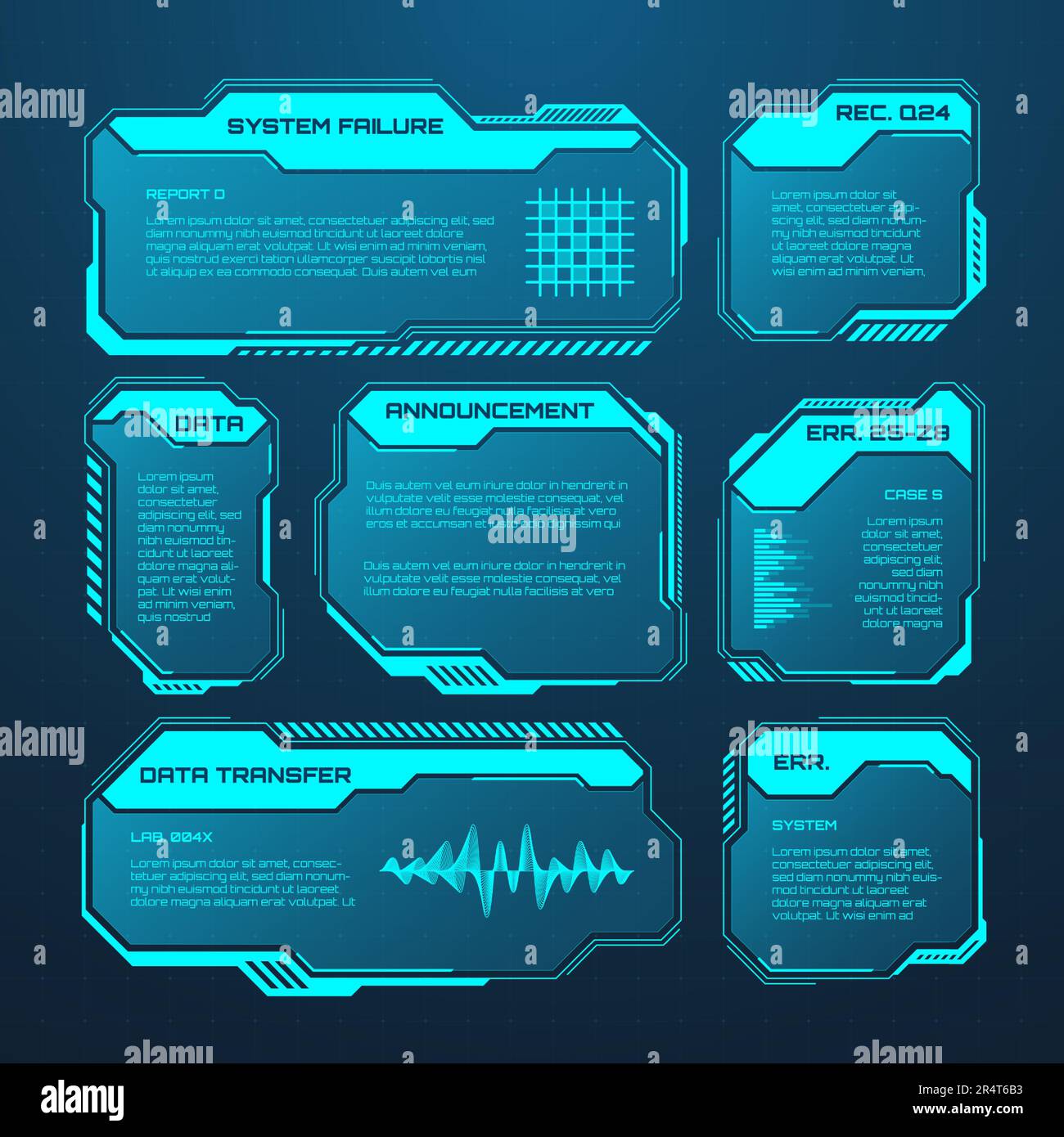 Éléments HUD ou UI futuristes bleus. Zones de texte et légendes de l'interface utilisateur SCI-fi. Cadres de message d'avertissement, modèle de zones d'information. Jeu moderne Illustration de Vecteur