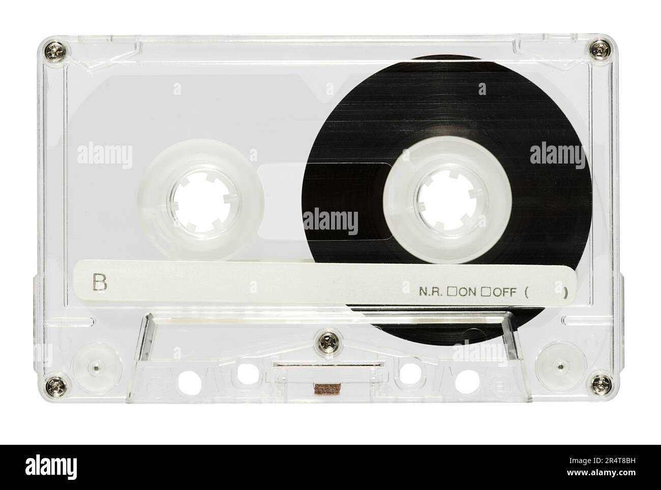 Vue de dessus de la cassette audio vintage avec bande et inscription isolée sur fond blanc Banque D'Images