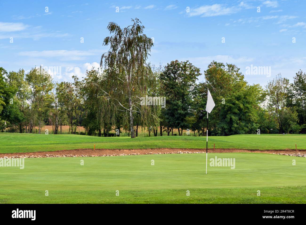 Vue pittoresque sur l'herbe verte qui pousse sur le parcours de golf avec un drapeau blanc contre des arbres luxuriants et un ciel bleu nuageux Banque D'Images