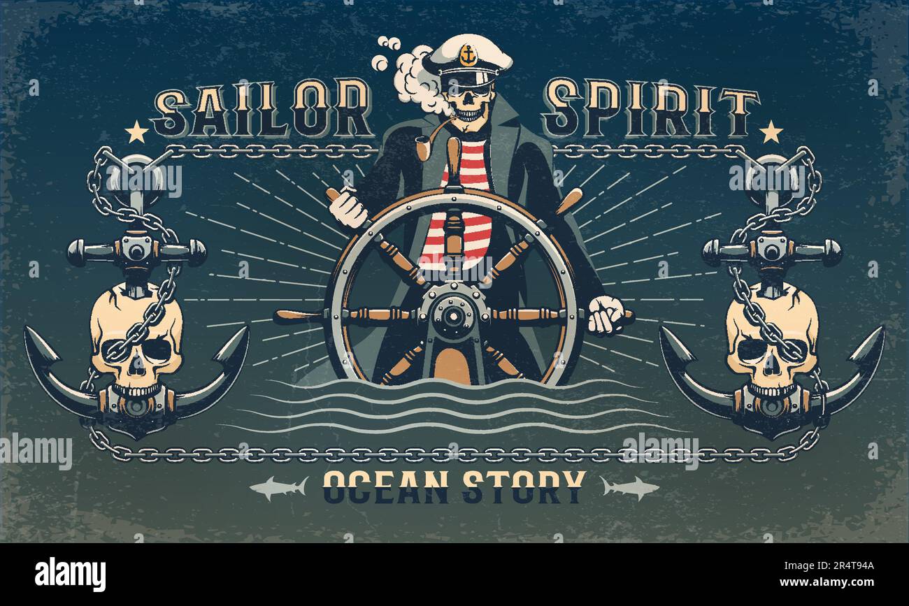 Affiche rétro de pirate maritime avec crâne Illustration de Vecteur