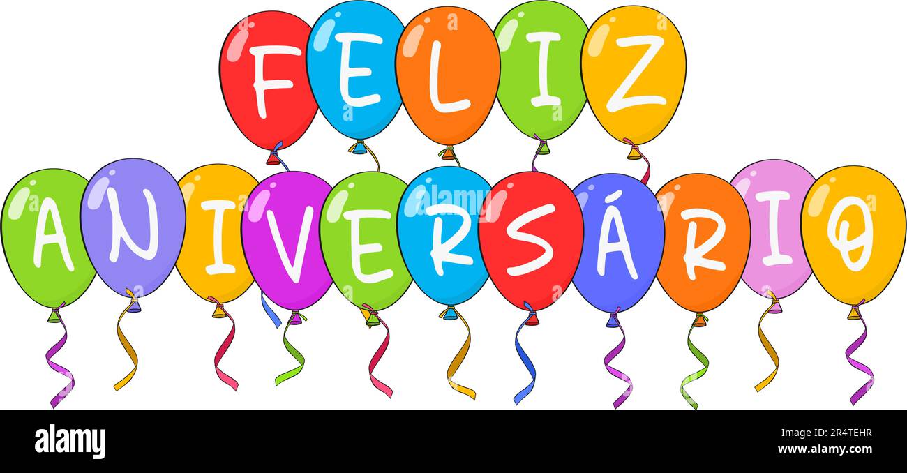 Joyeux anniversaire lettrage en portugais (Feliz aniversário) avec des ballons et des confettis