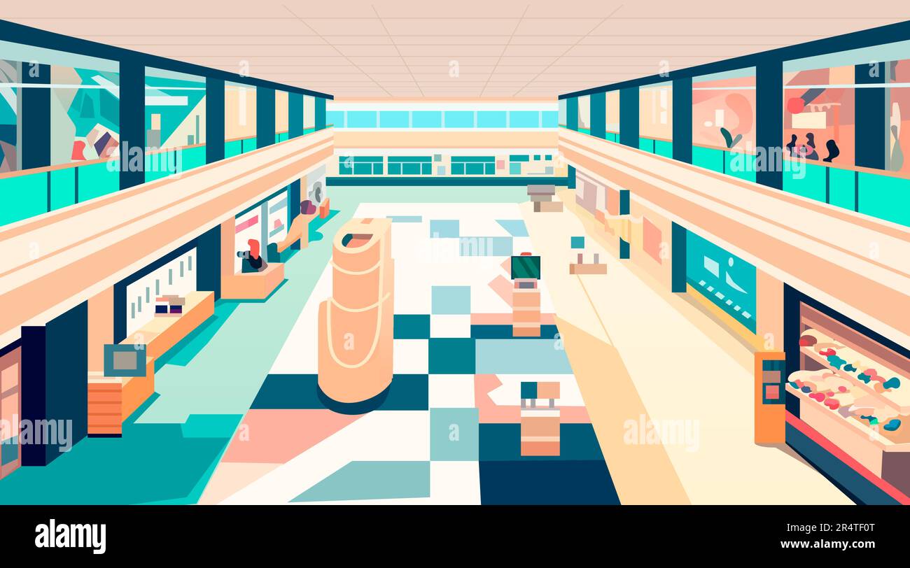 magasin de détail moderne avec beaucoup de magasins vides aucune personne shopping galerie marchande intérieur horizontale Illustration de Vecteur