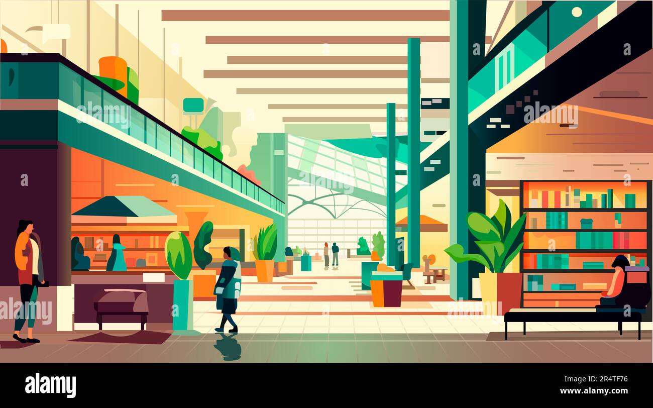 magasin de détail moderne avec de nombreux magasins, centre commercial intérieur horizontal Illustration de Vecteur
