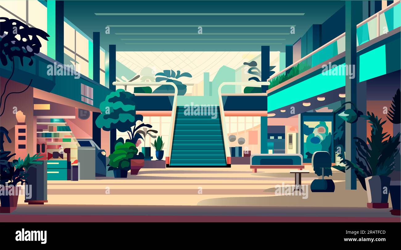 magasin de détail moderne avec beaucoup de magasins vides aucune personne shopping galerie marchande intérieur horizontale Illustration de Vecteur