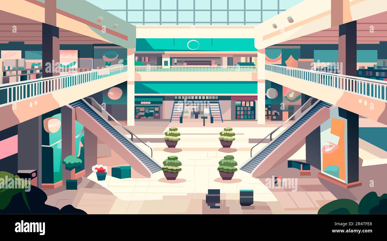 magasin de détail moderne avec beaucoup de magasins vides aucune personne shopping galerie marchande intérieur horizontale Illustration de Vecteur