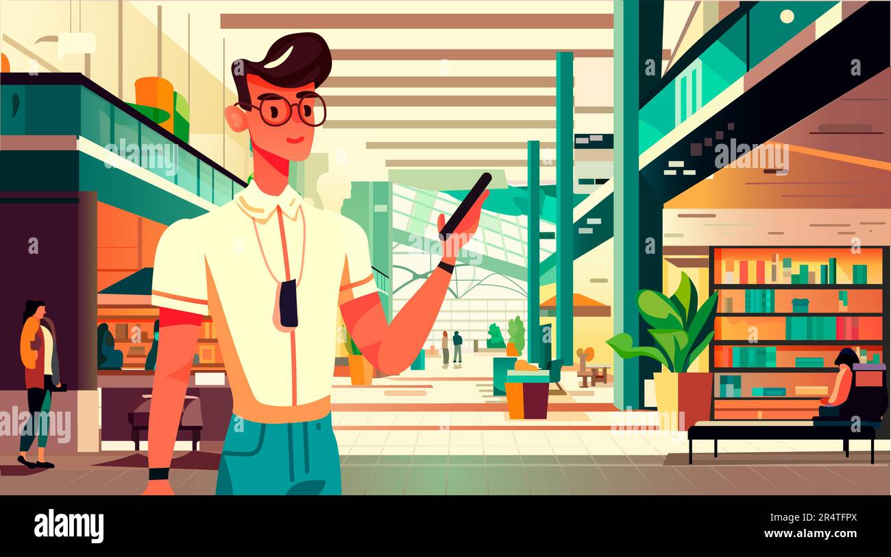 homme décontracté utilisant un smartphone dans un magasin de détail moderne avec de nombreux magasins de shopping intérieur de centre commercial horizontal Illustration de Vecteur