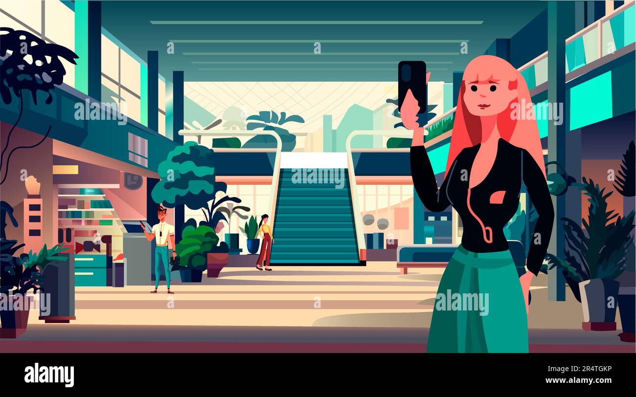 femme décontractée utilisant un smartphone dans un magasin de détail moderne avec de nombreux magasins de shopping intérieur de centre commercial horizontal Illustration de Vecteur